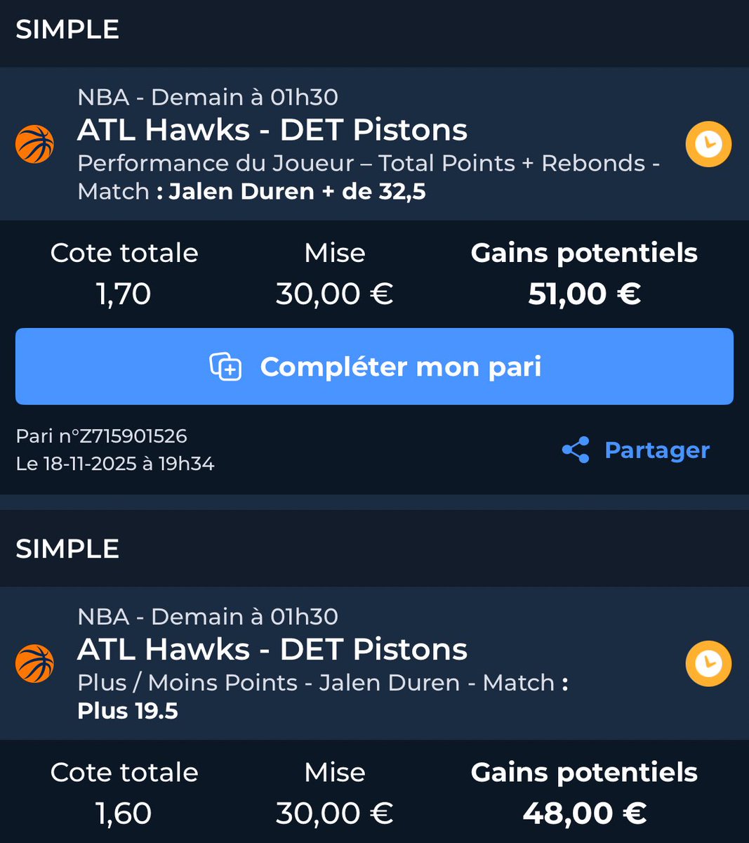 FastBreakTips's tweet image. #NBA 

Jalen Duren over 32,5 points/rebonds 
@ 1,70 💰 1.5% 

Jalen Duren 20 points 
@ 1,6 💰 1.5% 

Bookmaker : ParionsSport En Ligne 🔵

RT ♻️ / Fav ❤️ si tu suis 
#TeamParieur #FastBreakTips