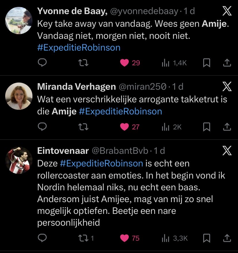 Deze 3 Tweets geven wel zo’n beetje weer, hoe ik (vanaf de bank voor de tv 😅) in het ‘spel’ zit…. #ExpeditieRobinson