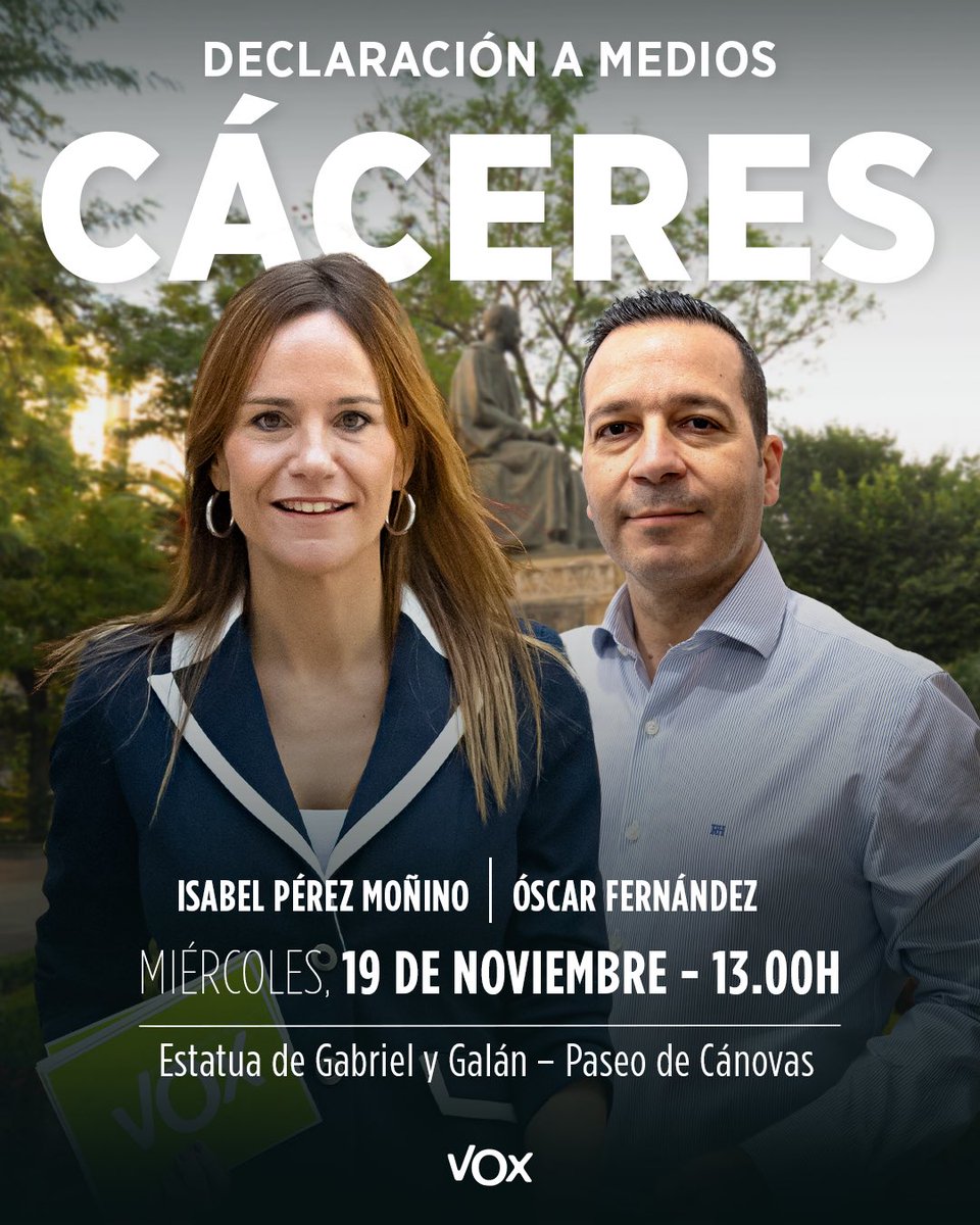 Vox_AsambleaEx's tweet image. ¡Declaración a medios mañana de @Isabelperezmoi1 junto a nuestro candidato @OscarFdezCalle en Cáceres!

🗓️ Miércoles 18 de noviembre.
⏰ A las 13:00h.
📍 Estatua Gabriel y Galán.