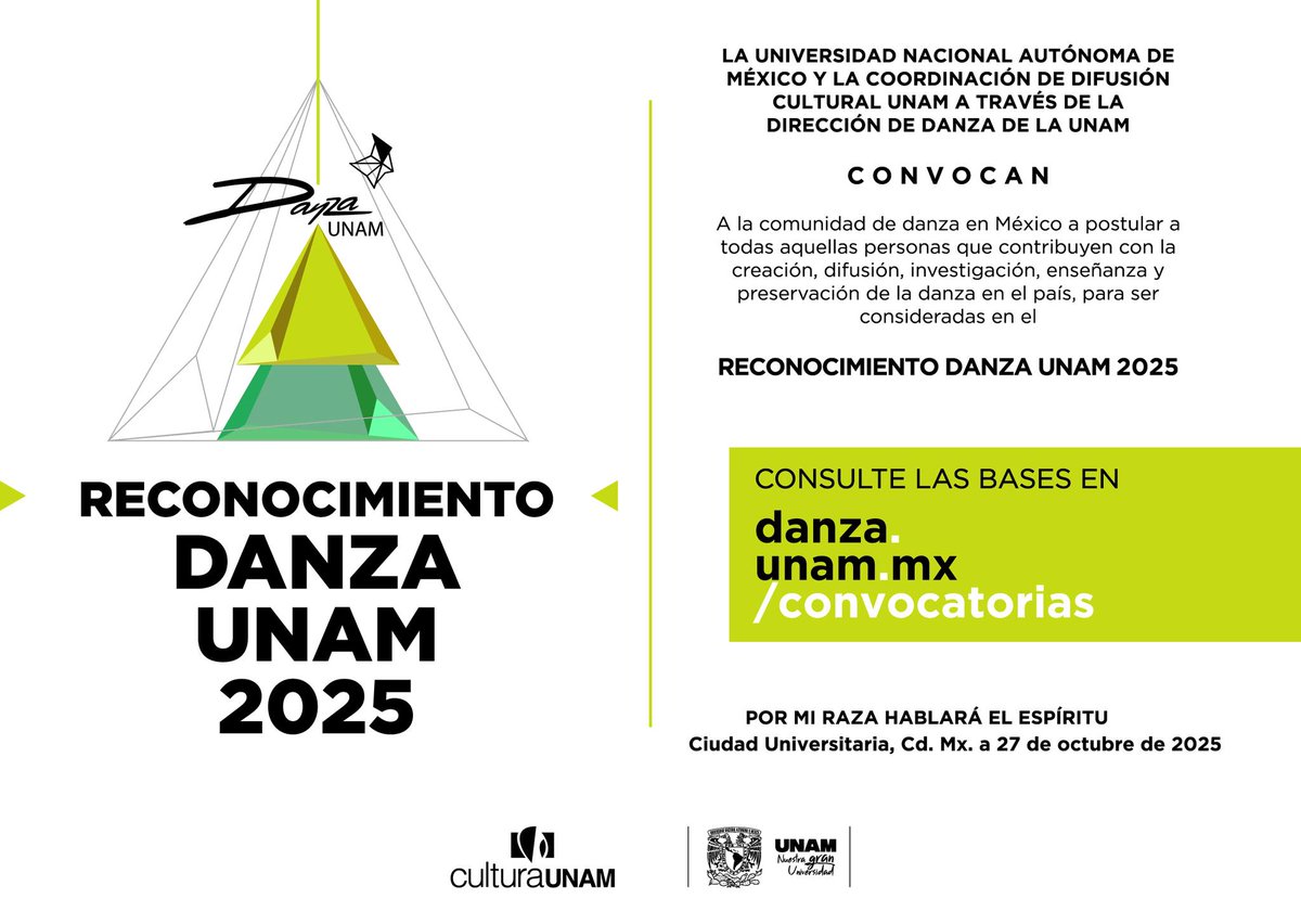 El Reconocimiento Danza UNAM 2025 invita a la comunidad dancística a postular a quienes, desde la creación, la docencia o la gestión, han construido los cimientos de nuestra danza y abierto caminos para nuevas generaciones.

🗓 Cierre: 30 de noviembre
📄 danza.unam.mx/convocatorias