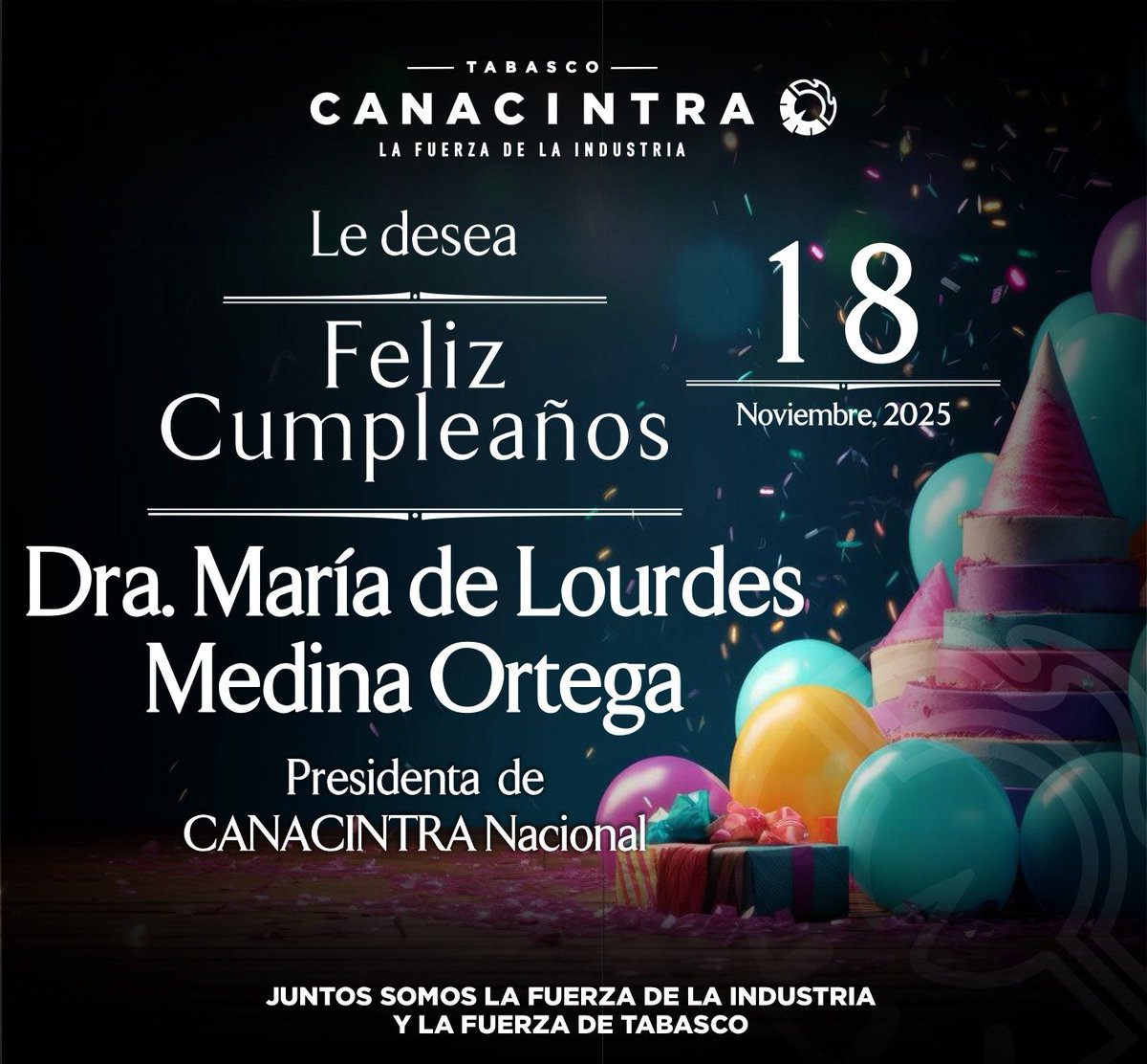 CANACINTRA_Tab's tweet image. El Consejo Directivo y Consultivo de #CANACINTRATabasco felicita a la Dra. @LourdesMedinaO, Presidenta de CANACINTRA Nacional, por su cumpleaños.

Reconocemos y celebramos su liderazgo, visión y firme compromiso con el fortalecimiento de la industria mexicana. #FamiliaCANACINTRA