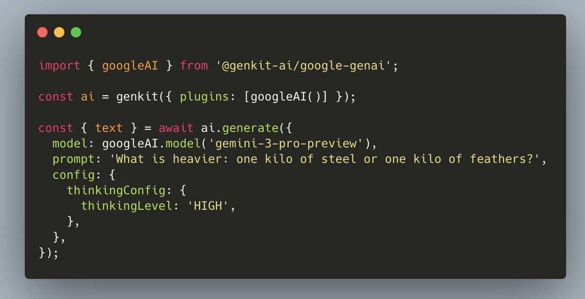 GenkitFramework's tweet image. Try ✨Gemini 3 today with Genkit!