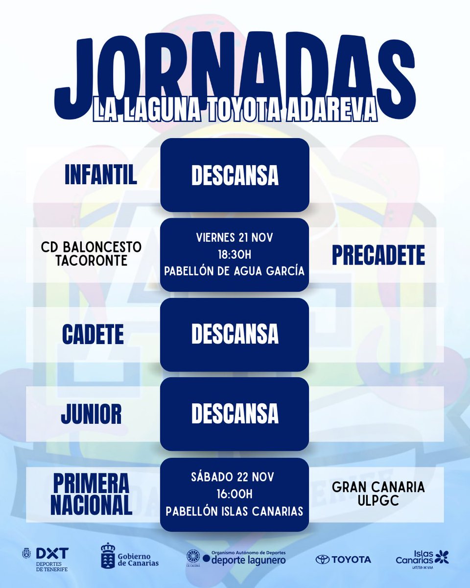 🏀 JORNADAS FIN DE SEMANA 🏀

Solo jugarán partidos esta semana el Primera Nacional 🆚 <a href="/BaloncestoULPGC/">Baloncesto ULPGC</a> y el Precadete 🆚 <a href="/BasketTacoronte/">Torneo Baloncesto</a> 

Descansan el Infantil, Cadete y Junior ❌

#SomosAdareva #Cantera #PrimeraNacional

<a href="/DXTenerife/">Deportes Tenerife</a> <a href="/Deportes_LL/">Deportes La Laguna</a> <a href="/FCBaloncesto/">Federación Canaria de Baloncesto</a> <a href="/FIBTENERIFE/">F.I.B.T.</a>