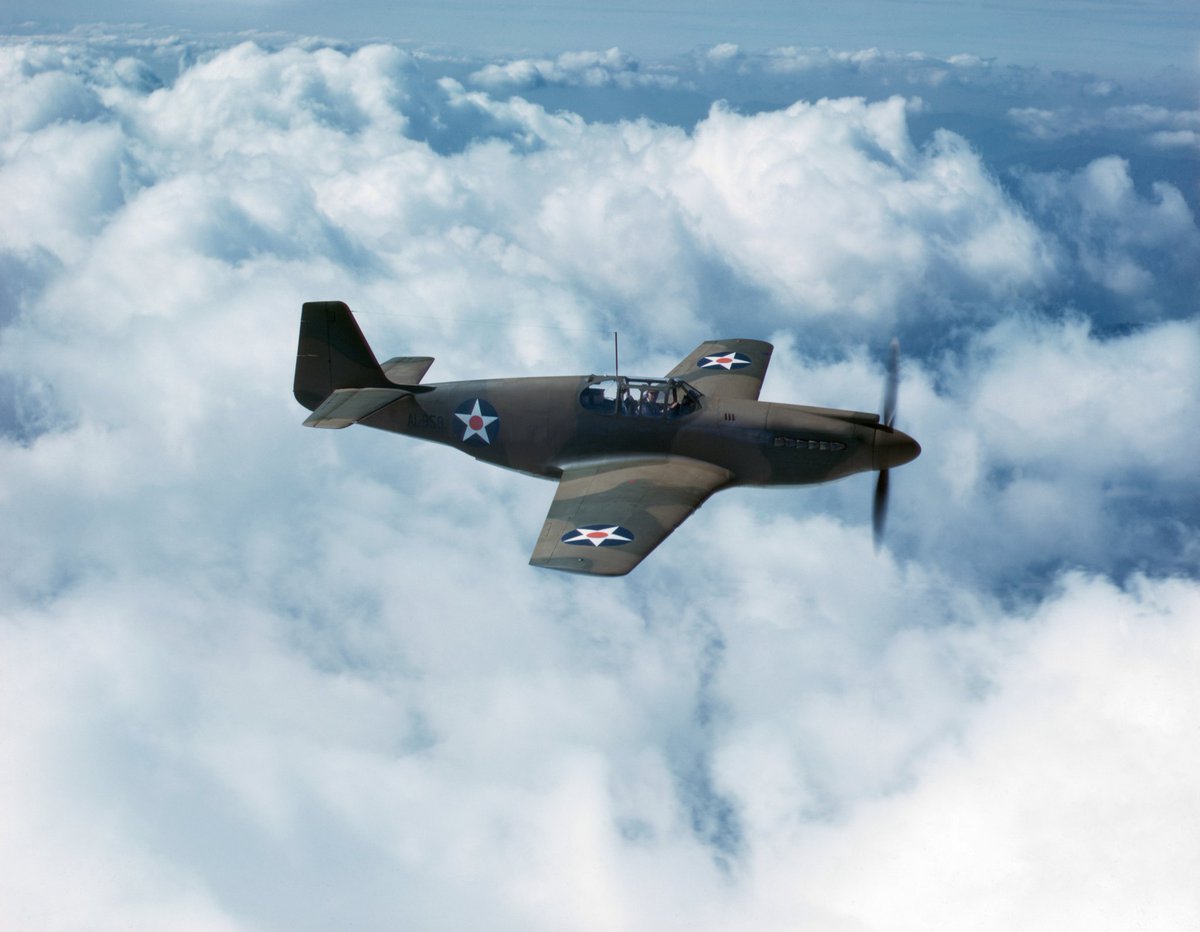 A Mustang Mk I fighter being test flown in Inglewood, California, United States in 1942 before being delivered to the British Royal Air Force