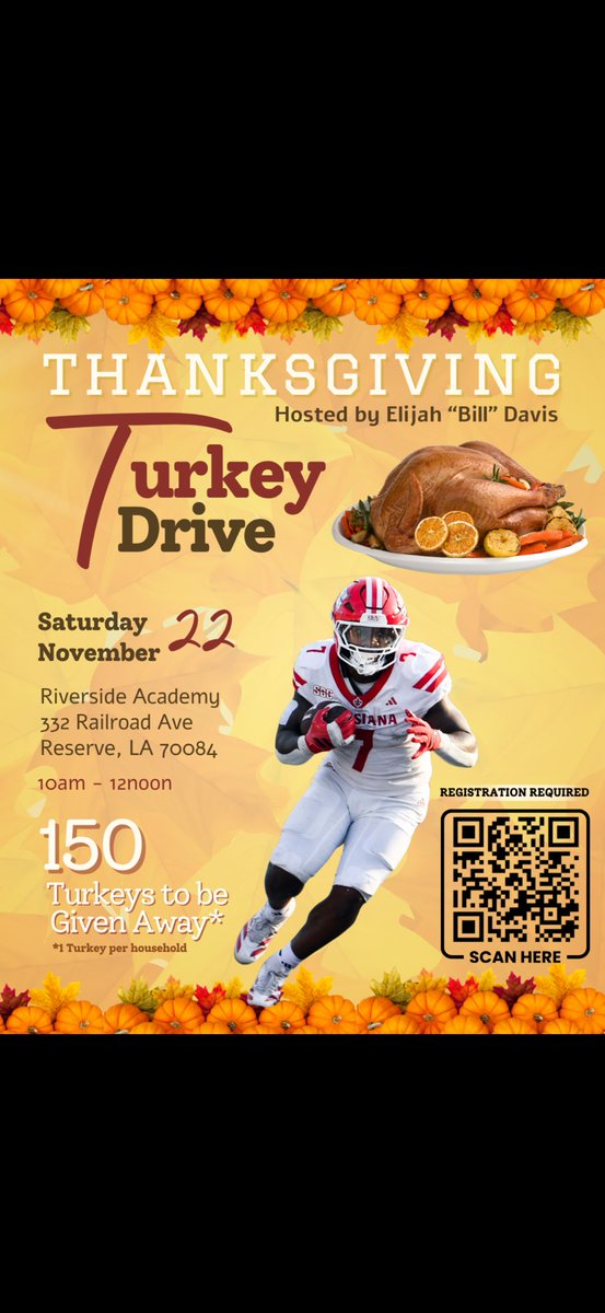 🦃 Elijah “Bill” Davis Thanksgiving Turkey Giveaway
We are blessing 150 families with free Thanksgiving turkeys!

👉 REGISTER HERE:
forms.gle/aXS4DmM1AxYw9G…

Or the QR CODE ⬇️ 

Please share this with anyone who may need it!
Blessings to everyone this holiday season. 🧡🍁