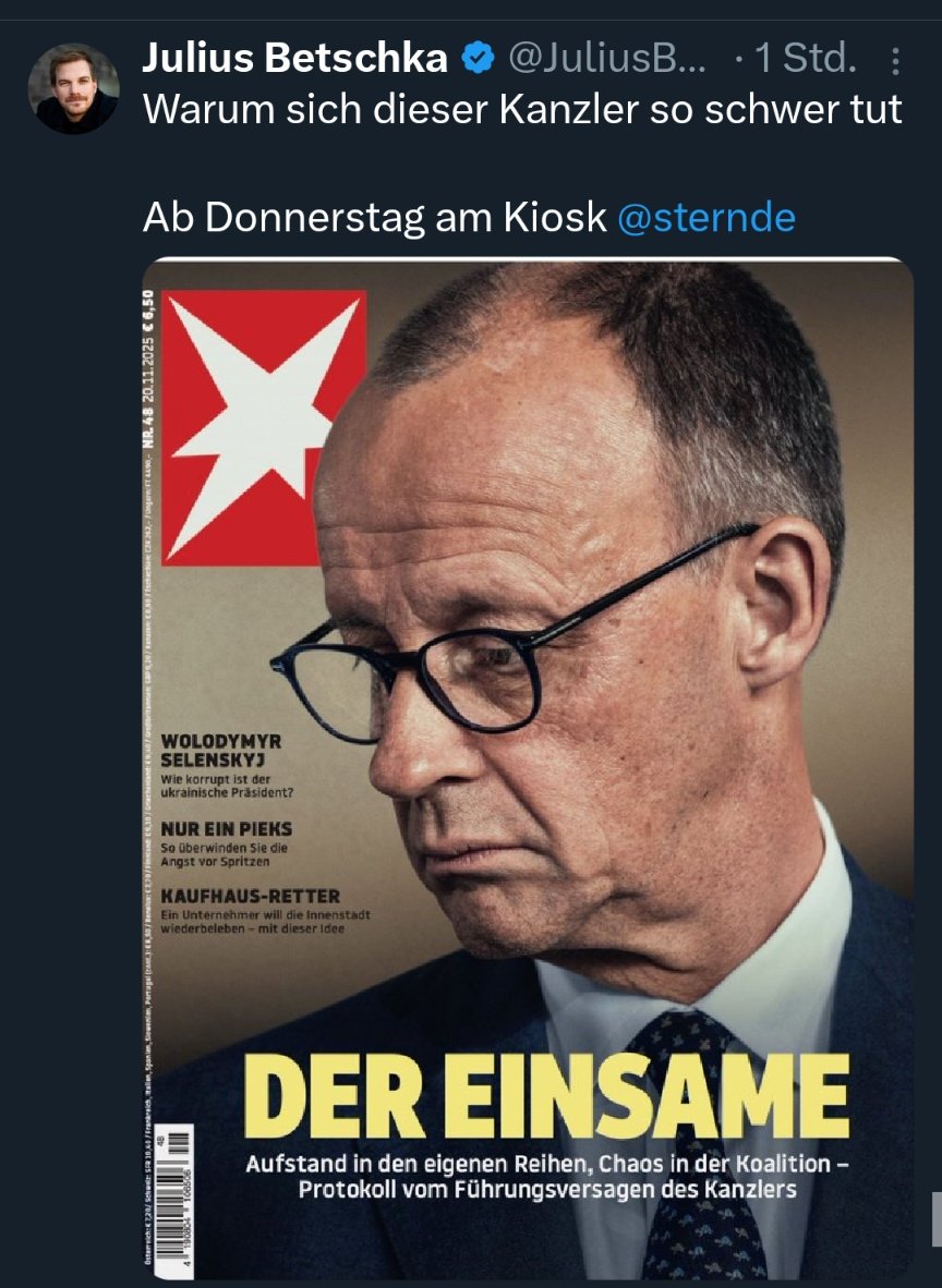 Die Linke wittert Morgenluft. 
- Erst Merz stürzen. 
- Dann behaupten, Merz' "Rechtskurs" sei "gescheitert". 
- Dann Schwarz-Rot-Grün mit einem "Compass Mitte"-Kanzler.