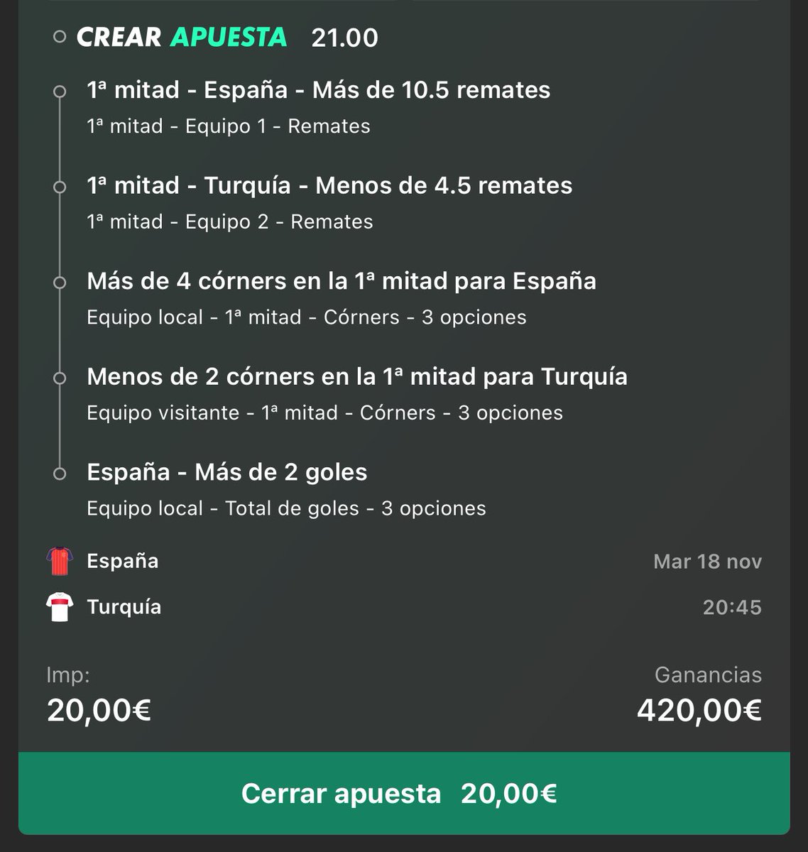 España vs Turquía
🤞🏻Loca cuota 21 para la promoción de bet

💙 si la sigues