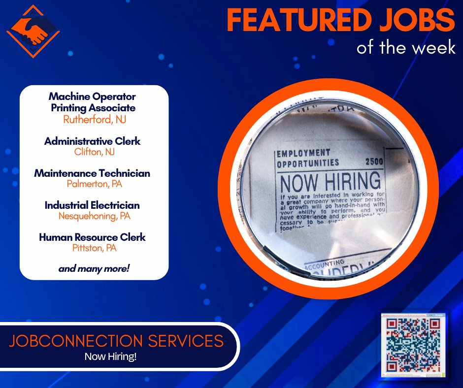 JCSFAMILYINC's tweet image. This week, we are highlighting several fantastic opportunities across our JobConnection Services, Inc. PA and NJ offices. To learn more about these and other exciting jobs, please reach out to your local office.
#jobs #spotlight #nowhiring #jcsfamilyinc #jobconnectionservices