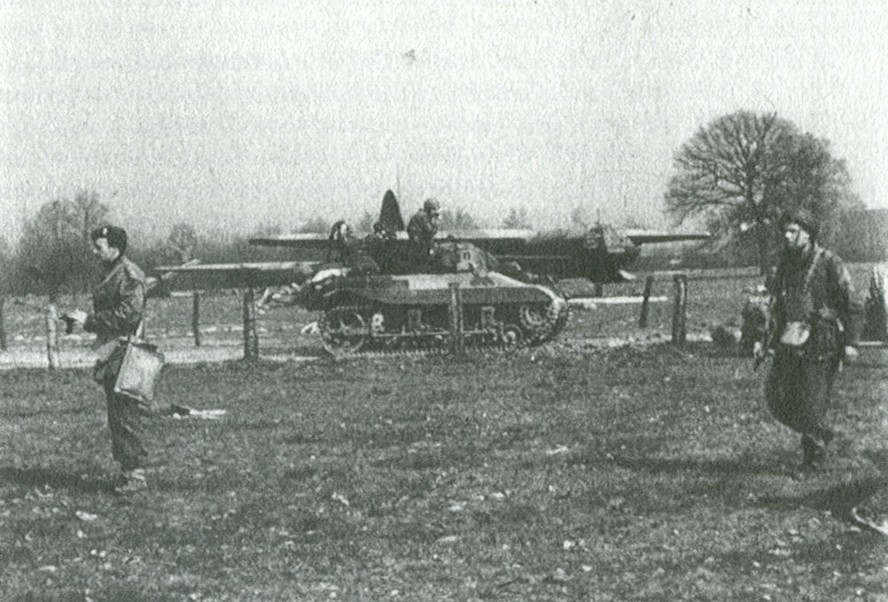 British paratroopers operating an M22 Locust tank as they prepared to cross the Rhine as part of Operation Varsity, Germany, late Mar 1945; note Horsa troop glider