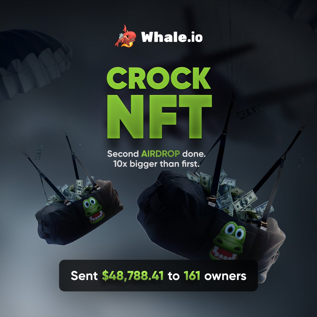 WhaleGames_en's tweet image. Crock NFT airdrop #2 just landed. 🐊

Second airdrop done. 10x bigger than the first.

We sent $48,788.41 to 161 Crock NFT holders.
Hold Crock. Play Crock. Get paid.

To celebrate:
Comment + RT this post.
In 48 hours we’ll pick 10 winners for extra rewards.
