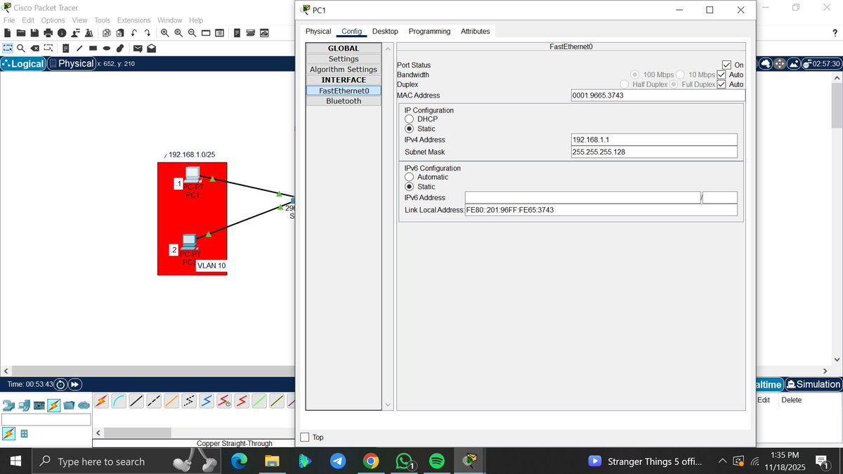 amyy_nwa's tweet image. Day 12/100 #100DaysOfNetworking

Today was about understanding VLAN more by practicing legacy inter VLAN routing ;
Created VLAN 10(IT)   and VLAN 20(FINANCE) on the switch

Assigned switch ports to the appropriate VLANs

Connected each VLAN to a separate physical router interface