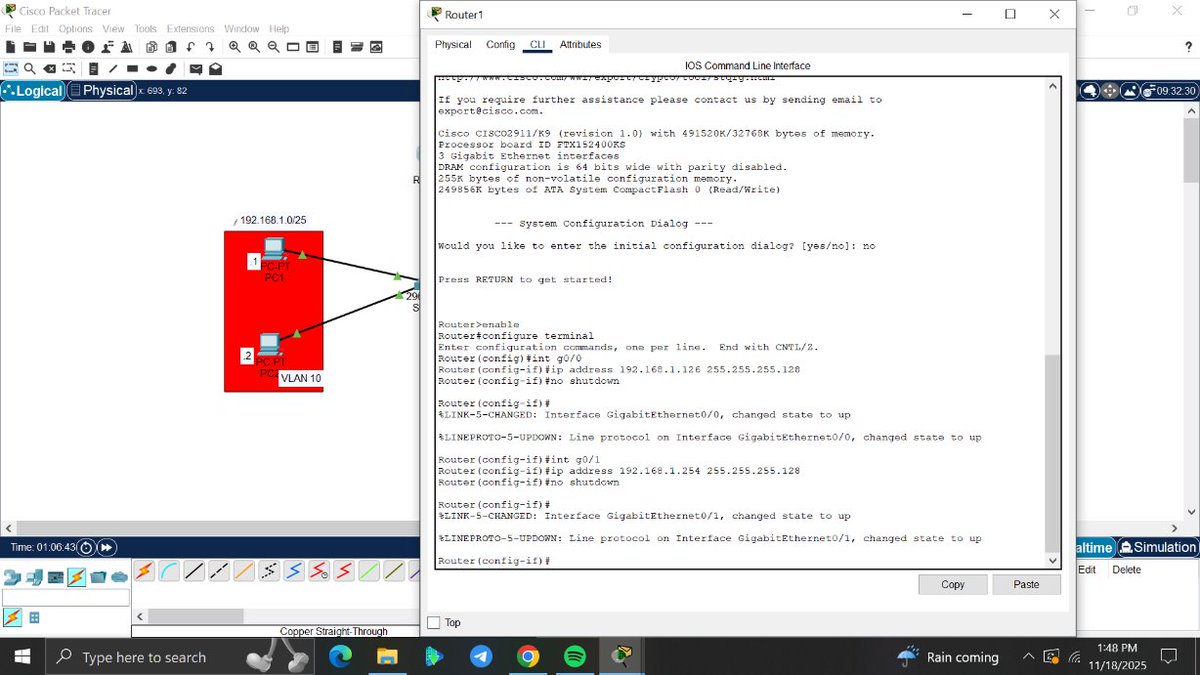 amyy_nwa's tweet image. Day 12/100 #100DaysOfNetworking

Today was about understanding VLAN more by practicing legacy inter VLAN routing ;
Created VLAN 10(IT)   and VLAN 20(FINANCE) on the switch

Assigned switch ports to the appropriate VLANs

Connected each VLAN to a separate physical router interface