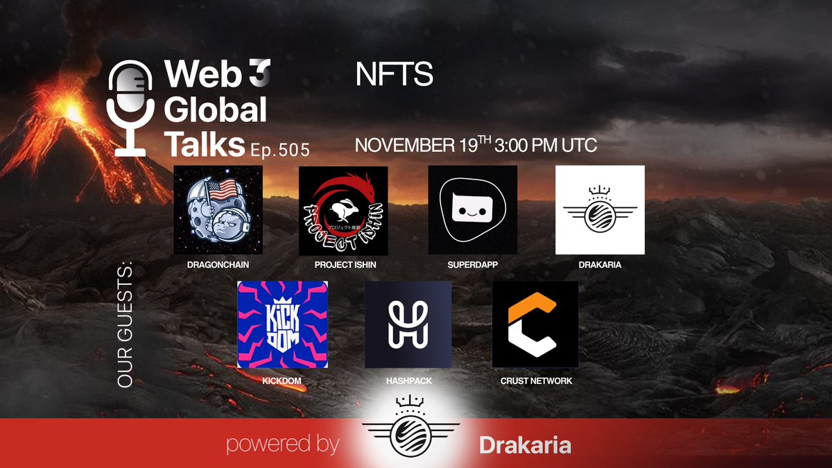 web3globalmedia's tweet image. 📻 #GM - Join us for Wednesday&apos;s Web3 Global Talks! 

🎙️  Our Guests: @dragonchain, @Project_Ishin, @SuperDappAI, @drakariaworld, @KickDom_Game, @hashpack, @CrustNetwork 

Set your reminders 👇