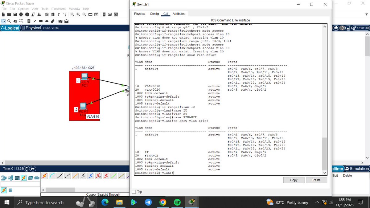 amyy_nwa's tweet image. Day 12/100 #100DaysOfNetworking

Today was about understanding VLAN more by practicing legacy inter VLAN routing ;
Created VLAN 10(IT)   and VLAN 20(FINANCE) on the switch

Assigned switch ports to the appropriate VLANs

Connected each VLAN to a separate physical router interface