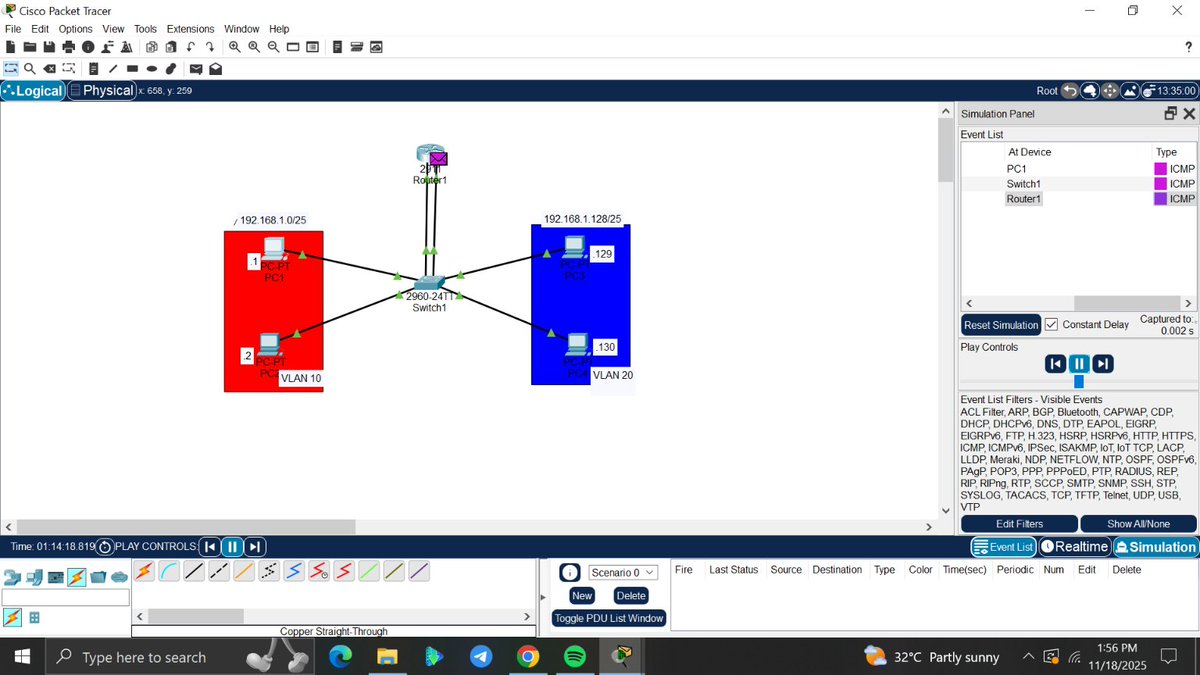 amyy_nwa's tweet image. Day 12/100 #100DaysOfNetworking

Today was about understanding VLAN more by practicing legacy inter VLAN routing ;
Created VLAN 10(IT)   and VLAN 20(FINANCE) on the switch

Assigned switch ports to the appropriate VLANs

Connected each VLAN to a separate physical router interface