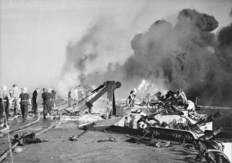 Damage aboard HMS Formidable after being struck by Japanese kamikaze aircraft, Pacific Ocean, 4 May 1945