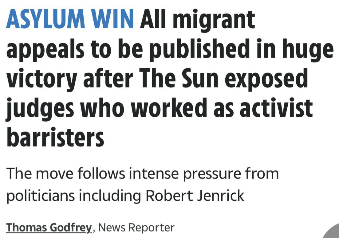 A small win - the judiciary will finally lift the veil of secrecy over asylum tribunals. 

This will finally make it possible to scrutinise ALL decisions by judges.

The public always deserved to know who is being allowed to stay and why.