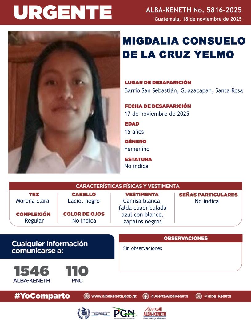 alba_keneth's tweet image. #AlertaAlbaKeneth⚠️| Migdalia Consuelo de la Cruz Yelmo de 15 años de edad. Desapareció el 17 de noviembre de 2025, en Barrio San Sebastían, Guazacapán, Santa Rosa.

🔁Comparte y ayúdanos con su localización.
📞Si tienes información llama al 1546. #YoComparto