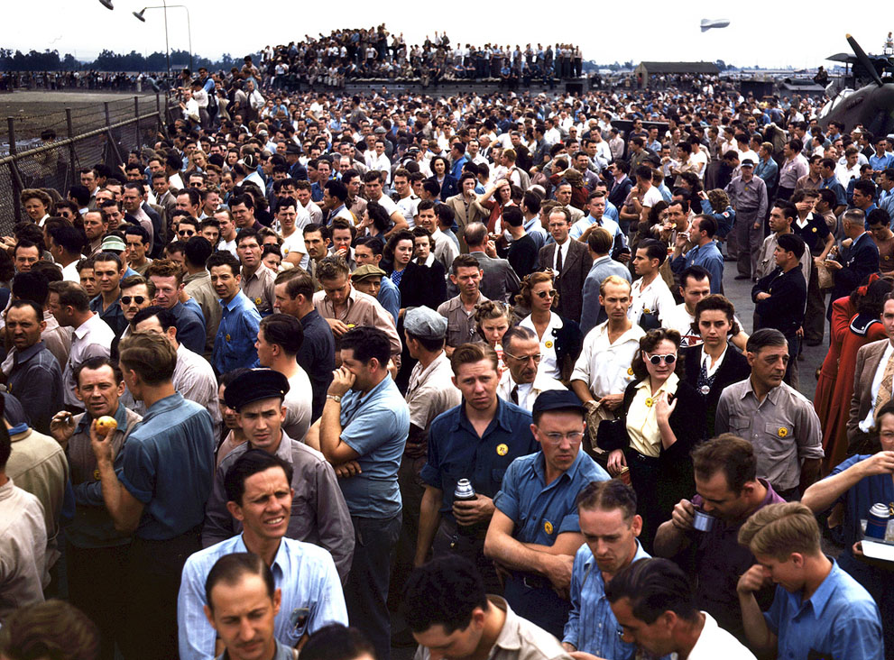 Consolidated Aircraft Corporation workers, Fort Worth, Texas, United States, Oct 1942; note P-51B or P-51C Mustang fighter at right