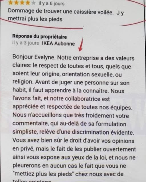 TFilastin's tweet image. Réponse d&apos;Ikea à une raciste islamophobe
