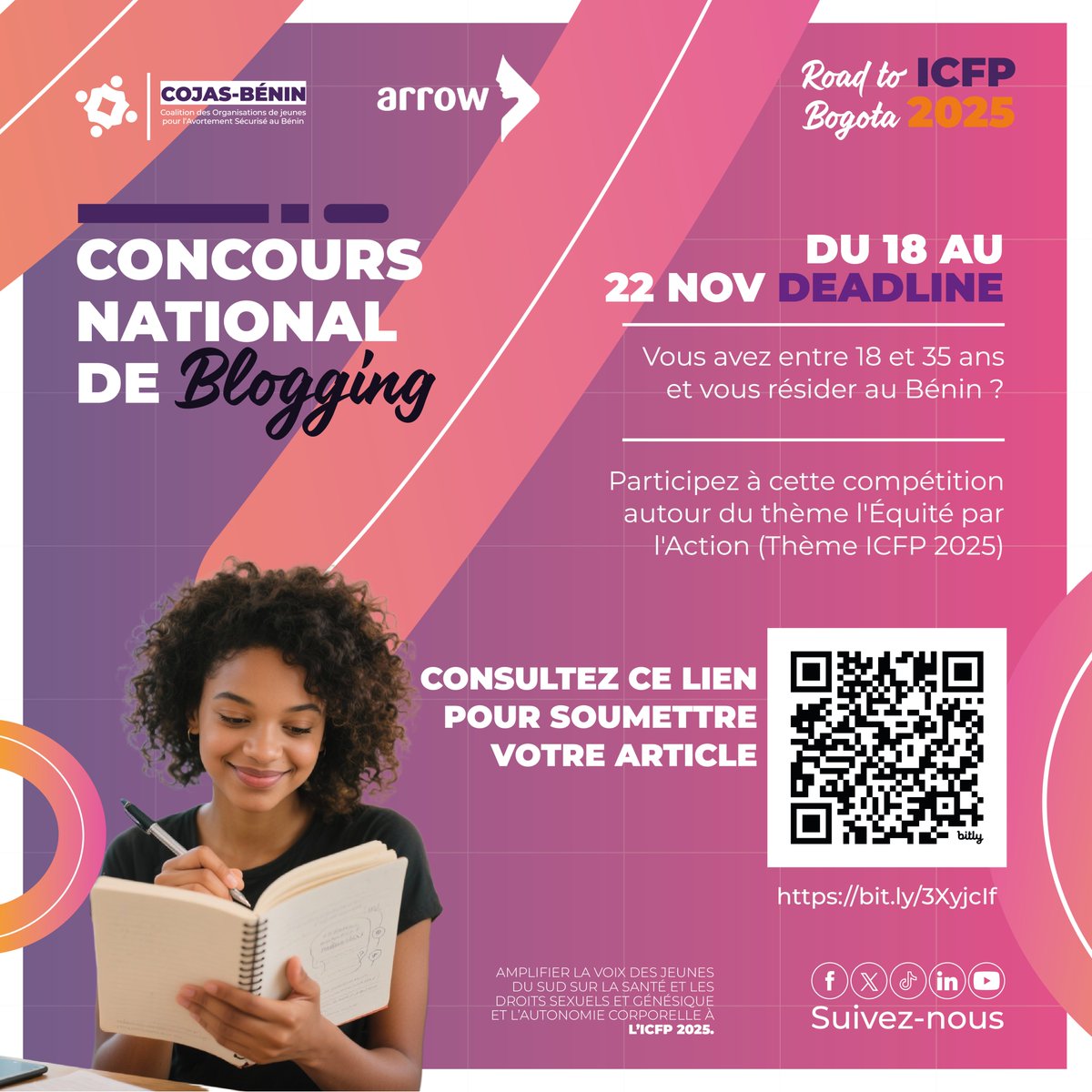 Le Concours National de Blogging est lancé !
Tu as 18–35 ans et tu résides au Bénin ? Participe sur le thème « L’Équité par l’Action ».

🗓️ Deadline : 22 nov.
📌 Soumets ton article : bit.ly/3Xyjclf

#CIPF2025 #ICFP2025