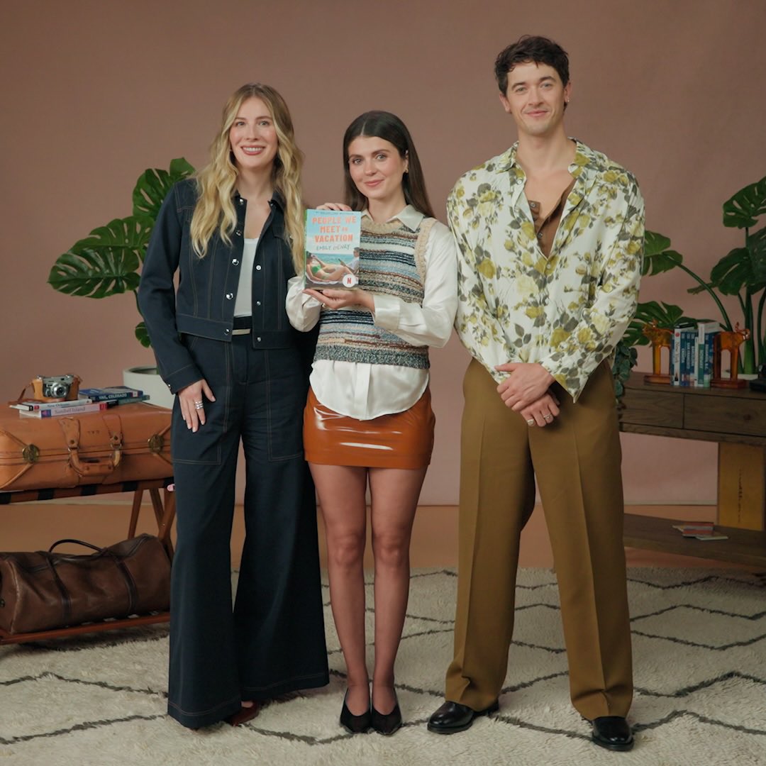 Emily Henry, Emily Bader and Tom Blyth with the “People We Meet on Vacation” movie tie-in, which is available for purchase now.

via Netflix Film on Instagram.