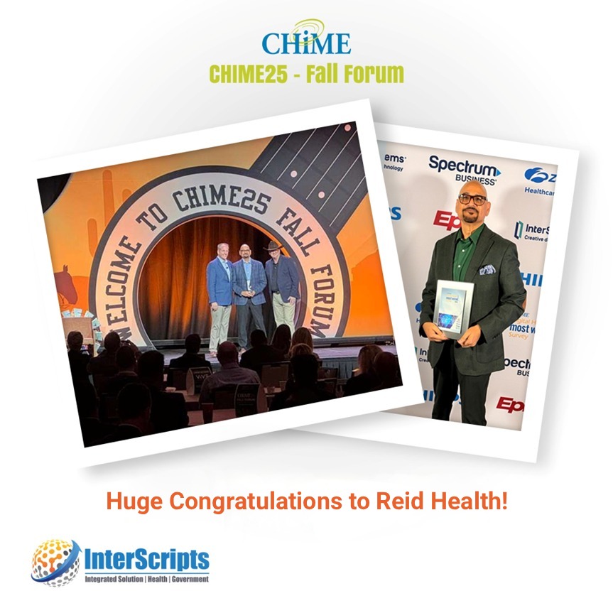 interscripts's tweet photo. Congratulations to our partner, Reid Health, on an extraordinary achievement for receiving two recognitions at the CHIME Fall Forum 2025.

- CHIME–KLAS Synergy Award 
- Digital Excellence Award for Rural Health

Congratulations to the entire Team Reid Health!
 #interscripts https://t.co/zkDNi66jp7