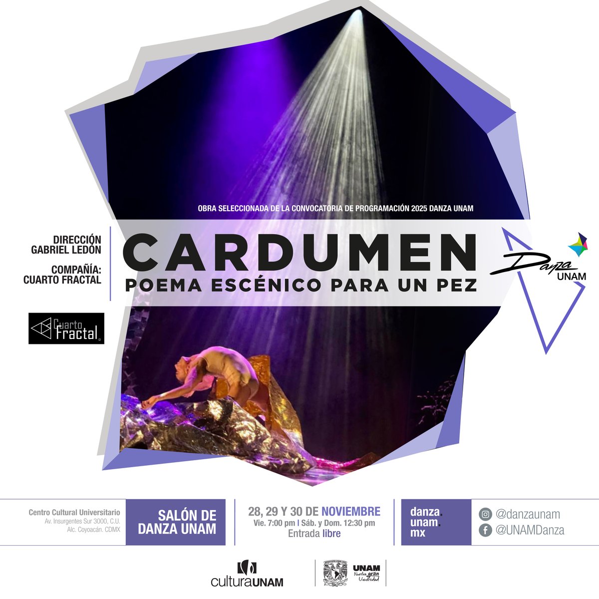 Cardumen. Poema escénico para un pez es un solo donde el duelo y la memoria se trabajan desde el cuerpo y la palabra.

Inspirado en los rituales funerarios Kumiai en Baja California, la pieza crea un espacio íntimo para acompañar la despedida y lo que permanece después.