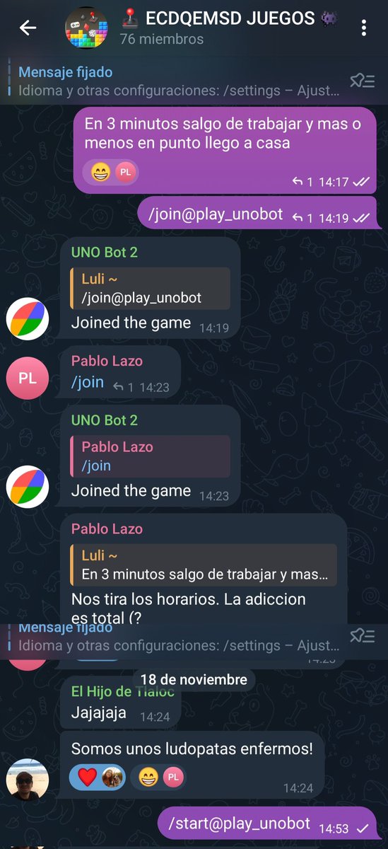LuliECDQEMSD's tweet image. Esto pasa en el grupo d telegram #desintegrado donde jugamos al #uno Somos Ludópatas. X si no reconocen los nicks, somos El Hijo de Tlaloc, Un Chabón de Argentina y obvio q yo, La Vampeona indiscutible, Ls Reina del Uno! Ayer le gané 5 veces a Un Chabón
#ECDQEMSD 
@canaltranscom