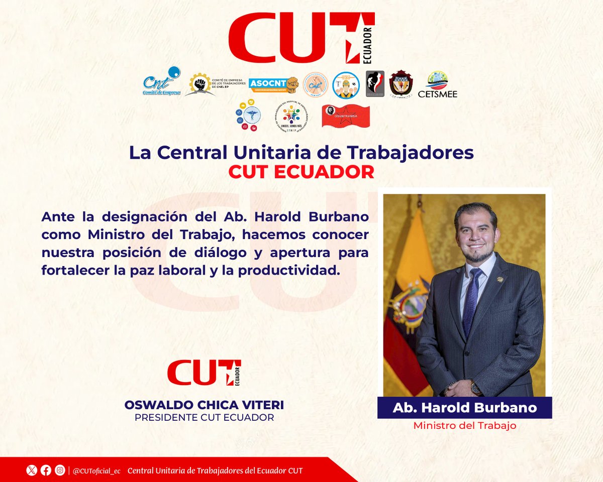 Con la designación de <a href="/haburbano/">Harold Burbano</a> como Ministro del Trabajo <a href="/MinTrabajoEc/">Ministerio del Trabajo Ecuador 🇪🇨</a>, la #CUT reafirma su compromiso con un diálogo transparente y constructivo que permita avanzar en la paz laboral y el desarrollo productivo del país. 🇪🇨
#Diálogo #Laboral #Productividad #UnidosPorElTrabajo