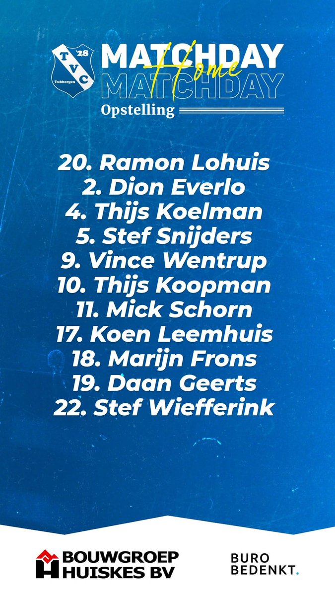 Om 20.00 uur start TVC '28 met de volgende 11 spelers aan de bekerwedstrijd tegen SDC '12