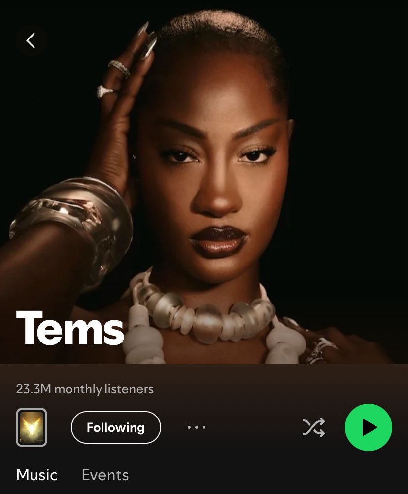 temsszn's tweet image. Tems is now the Nigerian artist with the most monthly listeners on Spotify!

— She hit a new peak at 23.3M 👑