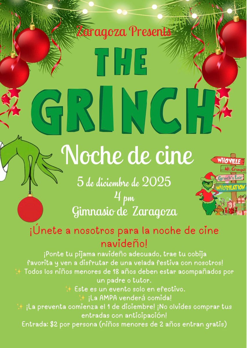 Zaragoza_PL's tweet photo. 🎬✨ Movie Night Alert! Join the Zaragoza PTA on Friday, Dec 5 for a cozy family evening watching the animated version of The Grinch! Bring your Christmas PJs and blankets and enjoy some holiday cheer! 🎄💚 https://t.co/OXfbAaLoZU