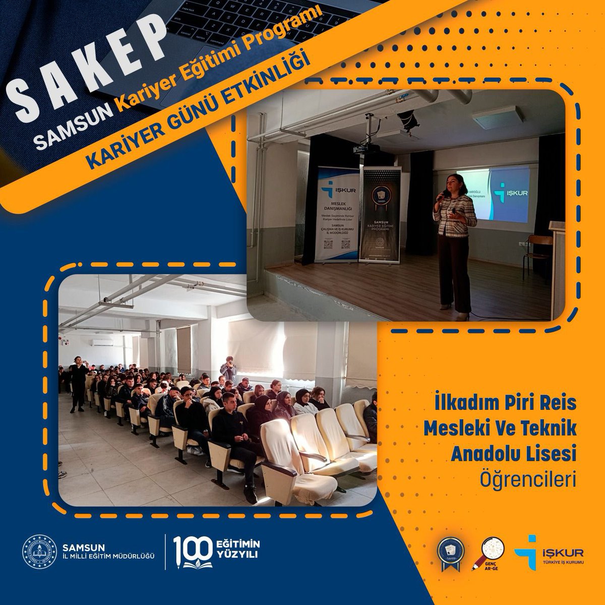 Samsun Kariyer Eğitimi Programı (SAKEP) kapsamında İlkadım Piri Resi MTAL' de Kariyer Günü etkinliği düzenlendi. Etkinlikte öğreciler İŞKUR Meslek Danışmanları  tarafından bilgilendirildi.