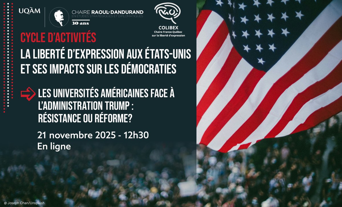 🇺🇸#Conférence d'<a href="/emmanuelkattan/">Emmanuel Kattan</a> - «Les universités américaines face à l'administration #Trump: résistance ou réforme?»

🗓️Vendredi 21 novembre à 12h30
📍En ligne
✅Inscription: dandurand.uqam.ca/evenement/les-…

Organisé par l’Observatoire sur les #EtatsUnis et la Chaire COLIBEX.