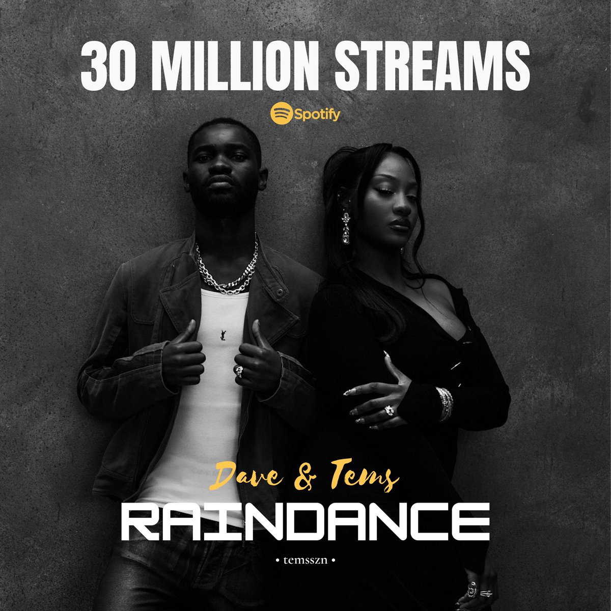 temsszn's tweet image. “Raindance” by @Santandave1 &amp;amp; @temsbaby surpassed 30 Million Streams on Spotify.

— It is the most-streamed song off Dave’s “The Boy Who Played the Harp” album.