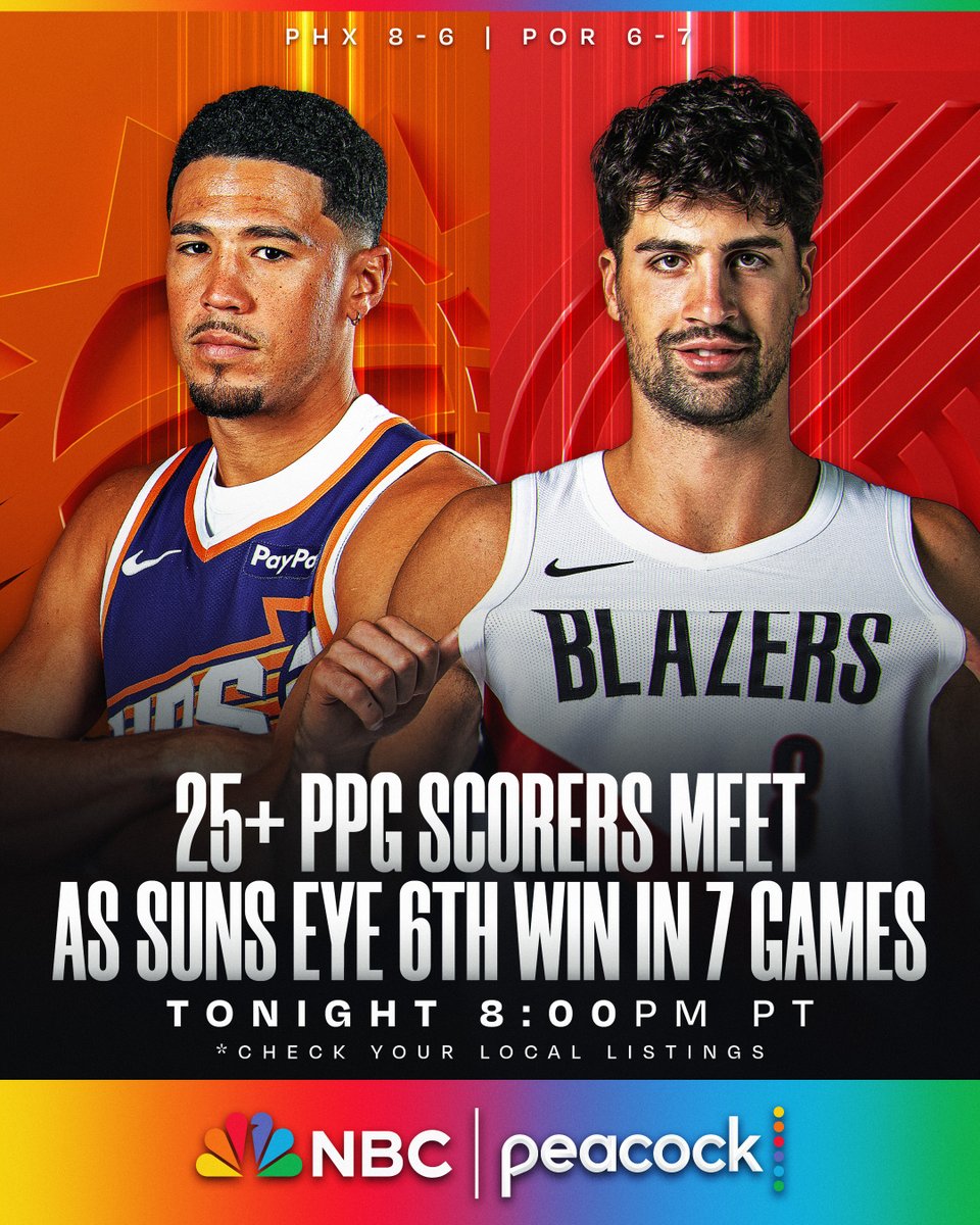 Booker: Career-high 28.4 PPG 🔥
Avdija: Career-high 26.0 PPG 🔥
Top-20 scorers duel as Devin Booker and the surging Suns seek their 6th win in 7 games as they visit Deni Avdija and the Trail Blazers.
📺 8:00pm/pt on NBC and Peacock