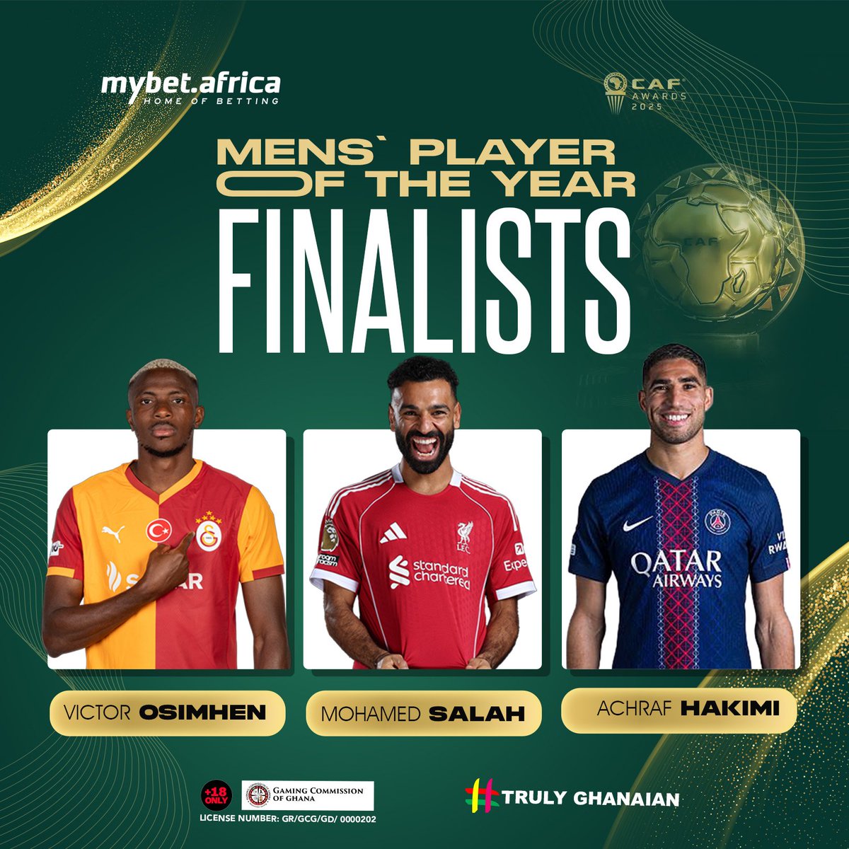 MybetAfrica's tweet image. The battle for Africa’s biggest individual football honour is reaching its climax 🏆

🇳🇬 Victor Osimhen — firing in goals for Galatasaray 
🇲🇦 Achraf Hakimi — dominating the right flank for PSG 
🇪🇬 Mohamed Salah — delivering again for Liverpool 

Who do you see taking it home on…