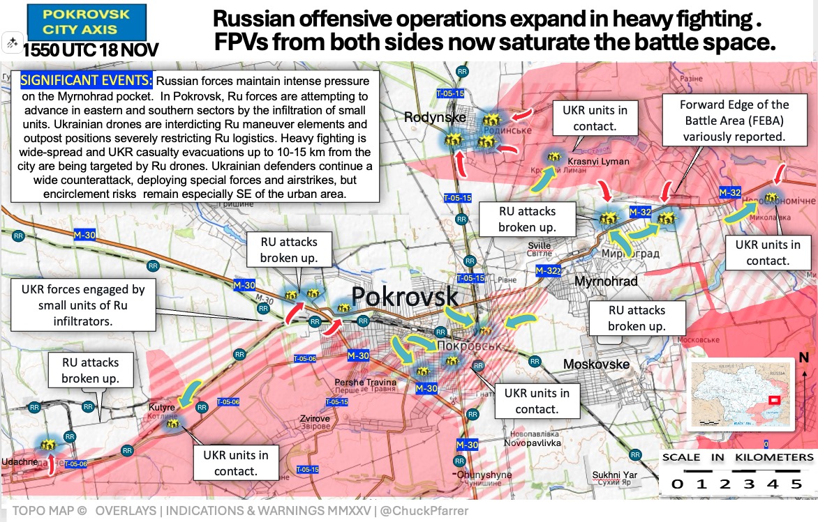 名为POKROVSK的战术战役地图，比例尺从0到5公里，显示俄军双方的行动在激烈战斗区域扩大，俄罗斯重大事件移动，乌克兰无人机前缘部队遭受强烈压力，红色区域被破坏，显示俄军攻击和阵地被破坏，米尔诺赫拉德标识， 波克罗夫斯克及查西夫亚尔等地，配有单位移动和接触区域箭头，并附有水印，作者为查克·帕雷尔。