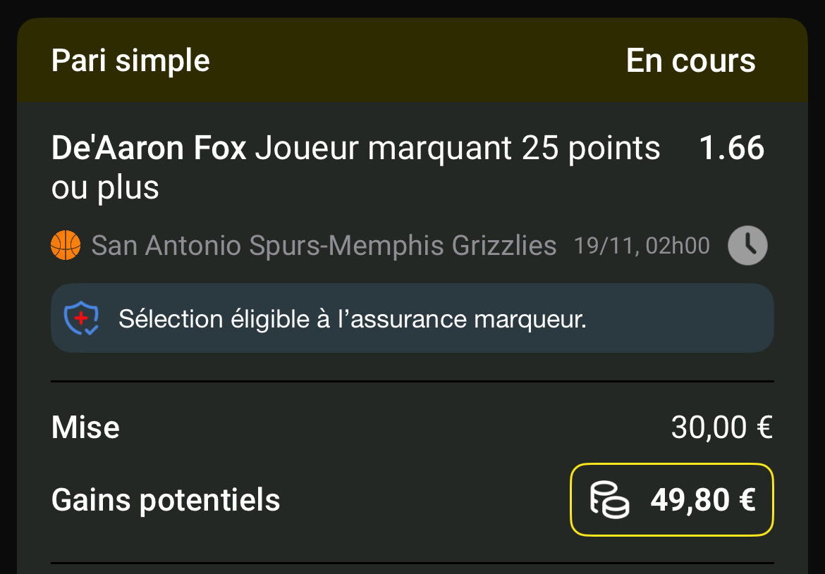 FastBreakTips's tweet image. #NBA 

🗓️ 18/11 

De’Aron Fox over 24,5 points 
@ 1,66 💰 1.5% 

Fox sort d&apos;un match explosif à 28 pts contre son ancienne équipe. 22 points de moyenne en 6 matchs cette saison.
Ce soir les Spurs sans Wembanyama et Stephen Castle, Mr Fox va être au coeur du scoring de son équipe.…