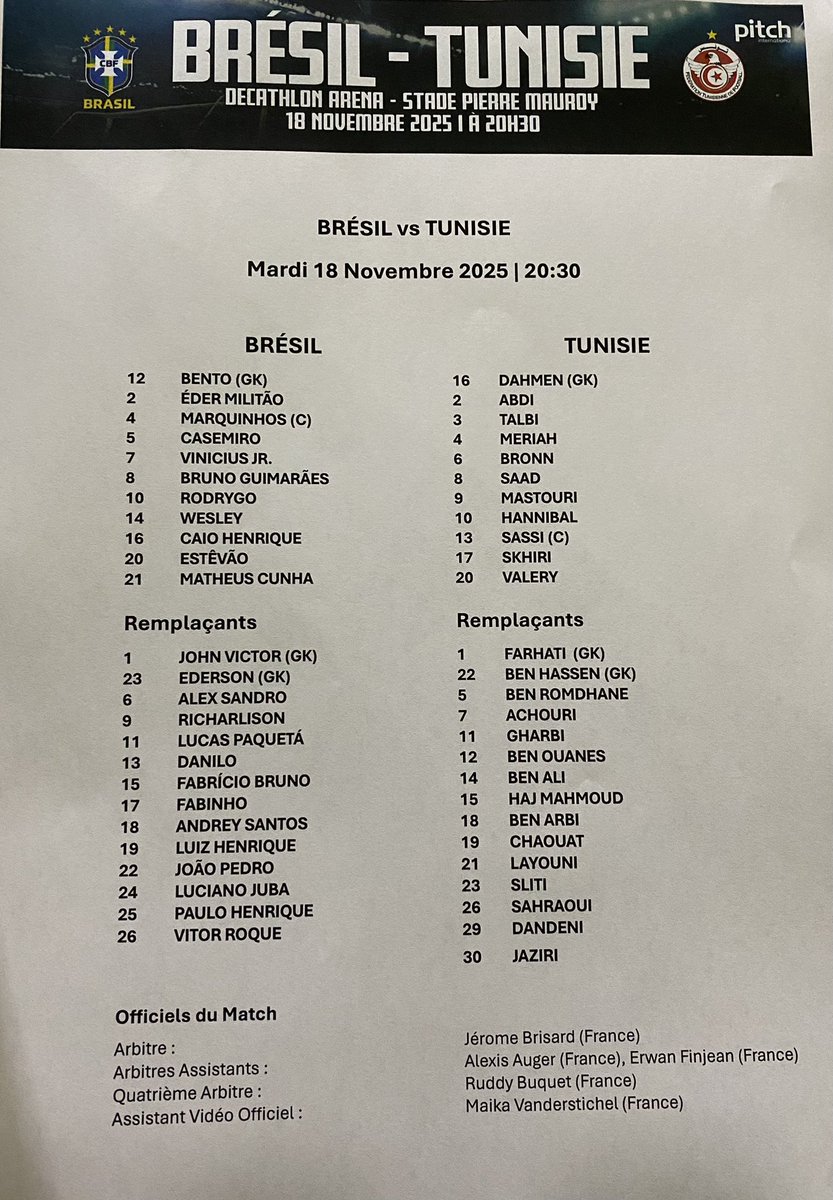 CasseJosue's tweet photo. La feuille de match de ce Brésil-Tunisie #BRETUN 🇧🇷🇹🇳
@footmercato https://t.co/DwzSFCXWtf