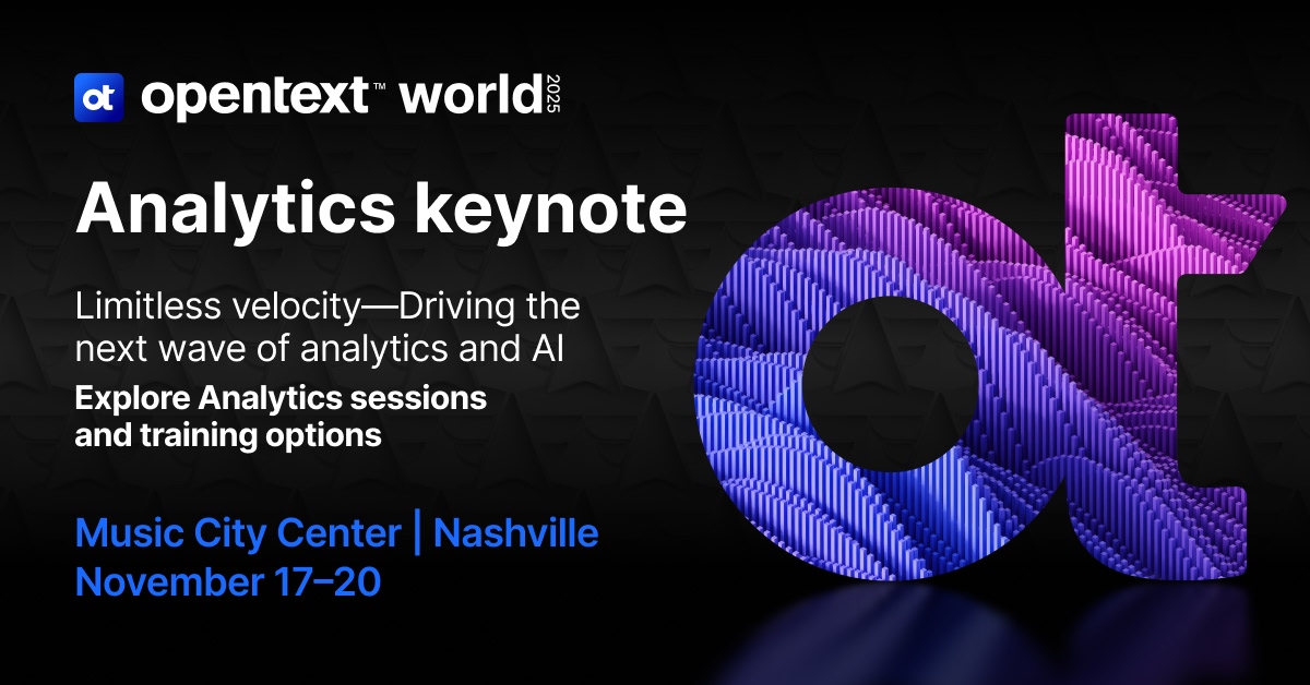 AIandAnalytic's tweet image. Don&apos;t miss tomorrow&apos;s OpenText Analytics and AI Cloud keynote at 1 p.m. CST at #OpenTextWorld. 

Check out the OpenText Analytics Cloud activities at bit.ly/482WY7h.

#DataAnalytics #DataBase