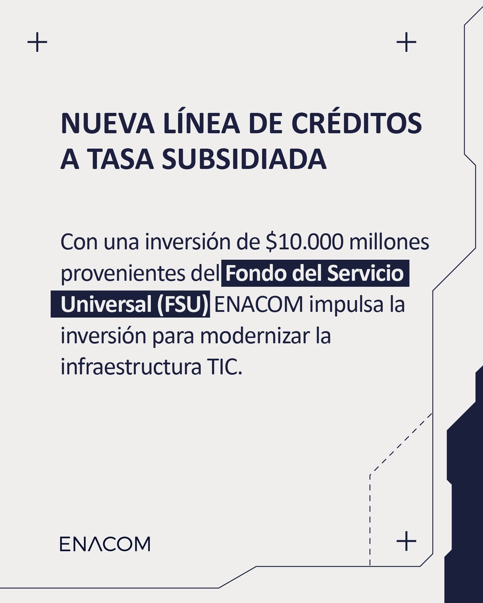 📡  En el marco del "Programa de Financiamiento y Apoyo a Proveedores de Servicios TIC", ENACOM lanza la nueva Línea de Créditos a Tasa Subsidiada para expansión y modernización de redes.

Conocé todos los detalles y requisitos en bit.ly/4pfJCdJ