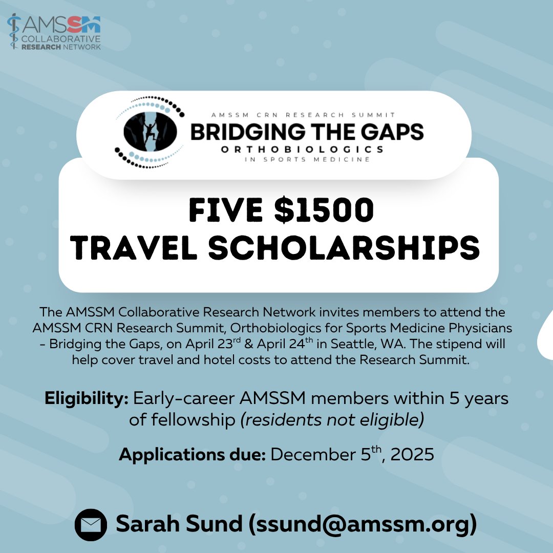 AMSSM_CRN's tweet image. 📢 AMSSM members!

Join us in Seattle April 23–24, 2026, for the AMSSM CRN Research Summit.

We’re offering five $1,500 travel stipends for early-career members who are within 5 years of fellowship (residents not eligible).

🗓 Apply by Dec 5, 2025

🔗amssm.org/Content/hidden…