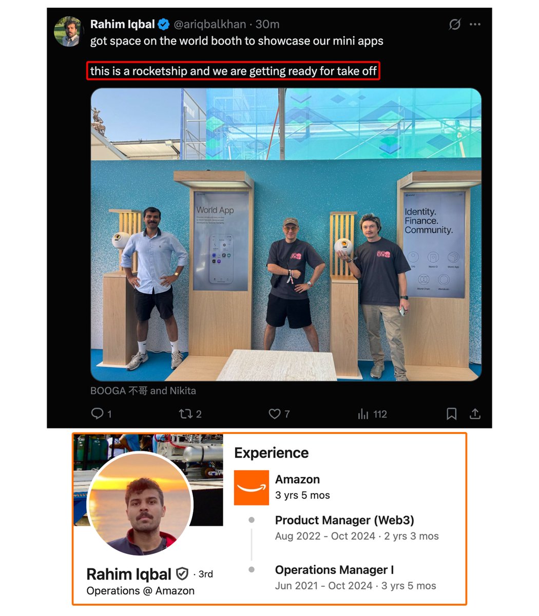 SAMALTCOIN_ETH's tweet photo. 🚨 JUST IN: Ex-Amazon PM standing under a Worldcoin booth saying mini apps are:

"a rocketship..  ready for take off" 👀🔥

Something big is forming under the hood. 

$WLD $ORBS