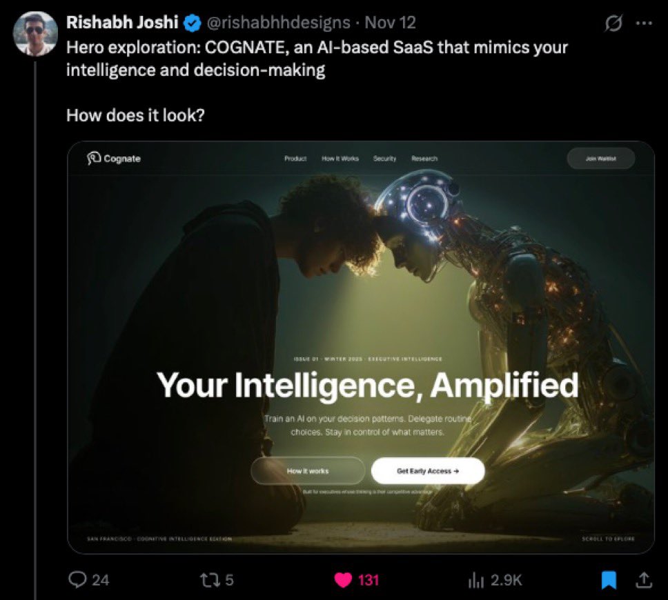 rishabhhdesigns's tweet image. 1. START WITH FEELING

Taking Cognate as an example (AI-based knowledge platform I explored):

What should users feel in 3 seconds?

- Human-AI partnership: equal, not hierarchical
- Knowledge transfer: intimate, profound
- Platform vibe: intelligence, not dystopian
