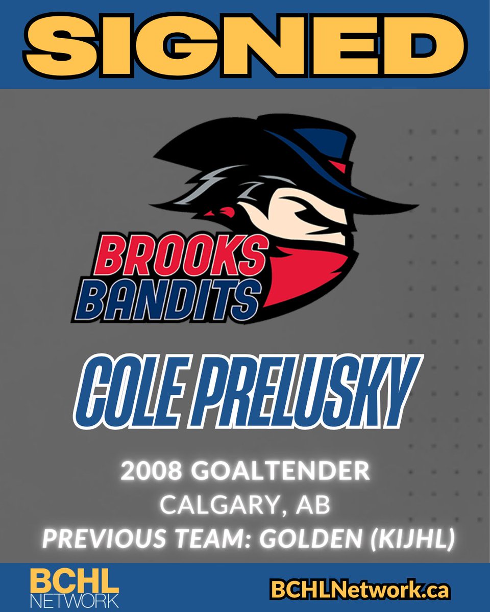 BCHLNetwork's tweet image. 🚨 Roster Update 🚨

The Brooks Bandits have signed 2008-born goaltender Cole Prelusky.

Prelusky, from Calgary, Alberta, played one game with Golden (KIJHL) this season, posting a 2.03 GAA and a .947 SV%.

#BCHL #BCHLNetwork #CSSHL #KIJHL