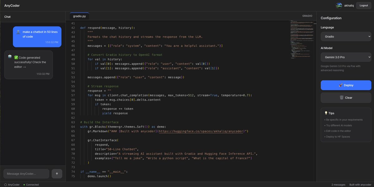 Gemini 3 现已在 Hugging Face 的 anycoder 上架。

 Anycoder 推出了全新的用户界面。

内置支持

-Gradio
 -蒸汽灯
-transformers.js
 -ComfyUI
 React 应