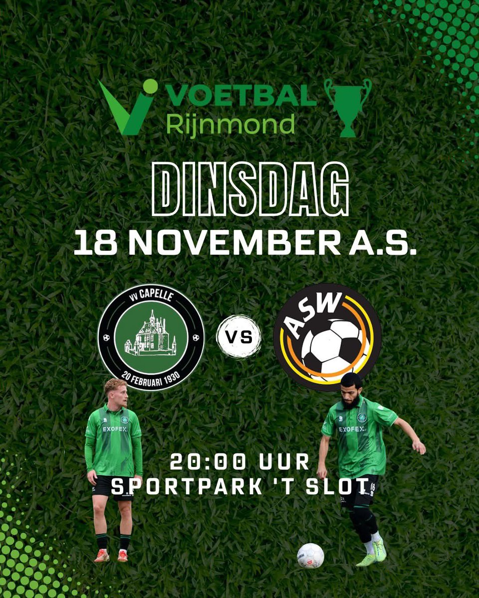 ⚽️💚🖤⚽️💚🏆🖤⚽️💚🖤⚽️
🗓️ Dinsdag  18 November 
🆚  <a href="/vv_capelle/">V.V. Capelle</a> - ASW 
🏆 Rijnmond Cup 
🏟️ Sportpark ‘t slot 
📌 Capelle aan den IJssel  
🕟 20:00
