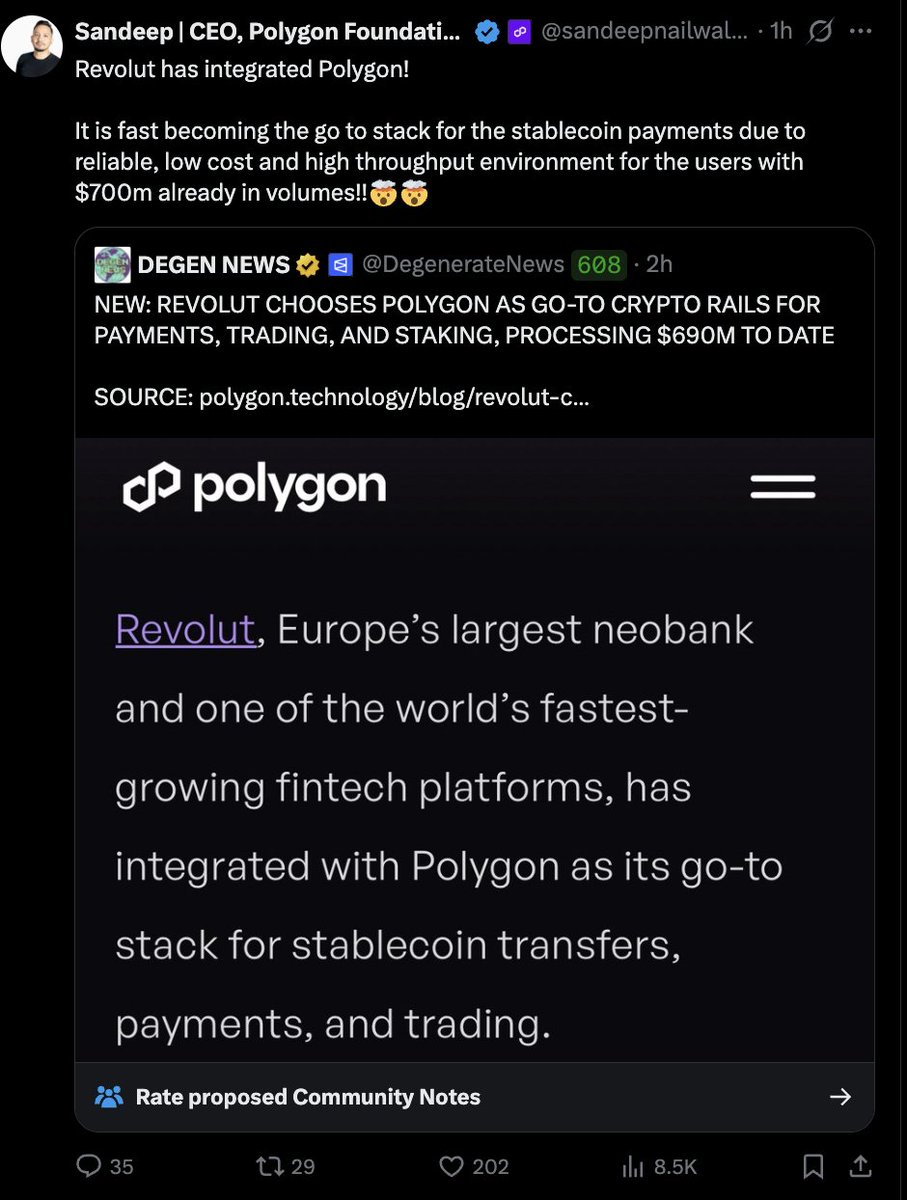 Screenshot of Sandeep Nailwal's post on Revolut Polygon integration